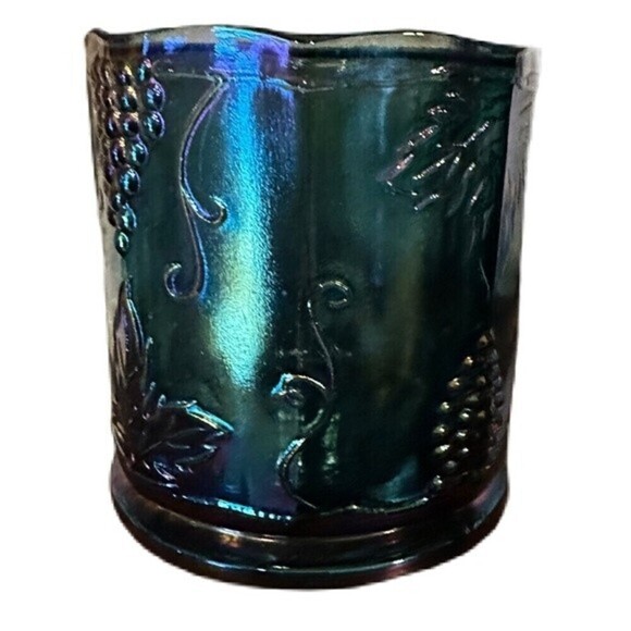 Vintage Blue Iridescent Carnival Glass Fruit Pattern Canister Jar Candle Holder - Picture 2 of 5